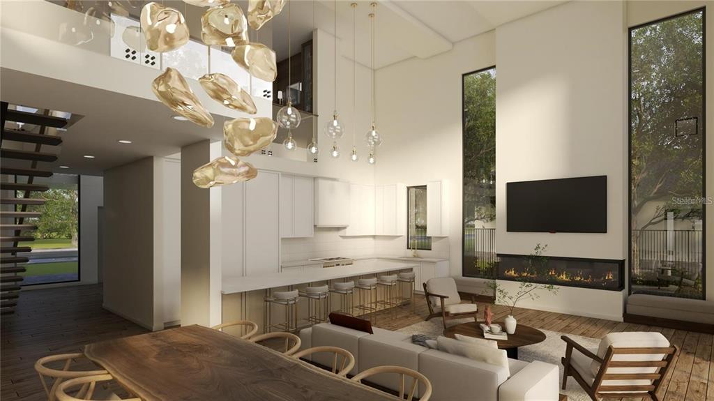 This rendering shows a modern open-concept living room and kitchen with high ceilings and lighting — 1004 W FRIBLEY STREET, TAMPA, FL