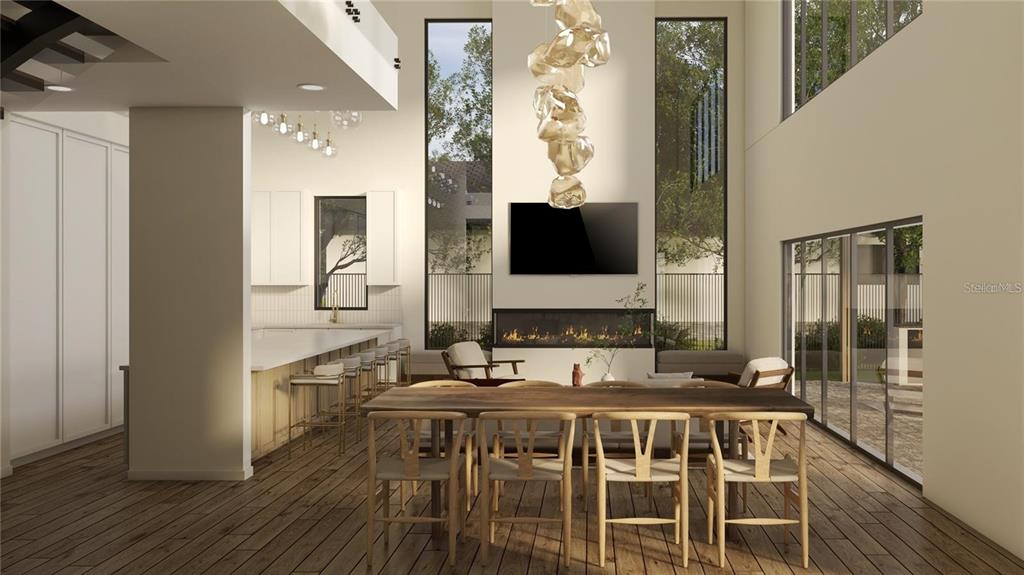 This rendering shows a modern open-concept living and dining area with high ceilings and wood floors — 1004 W FRIBLEY STREET, TAMPA, FL