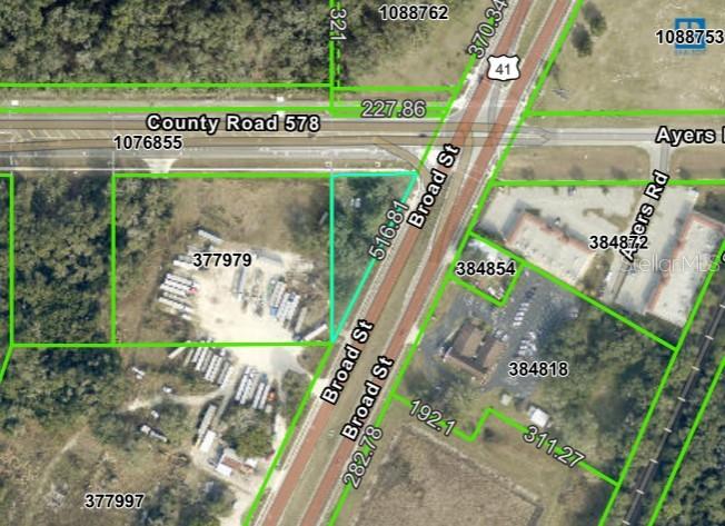 This is an aerial map showing property boundaries and road layouts in a rural area — BROAD STREET, BROOKSVILLE, FL