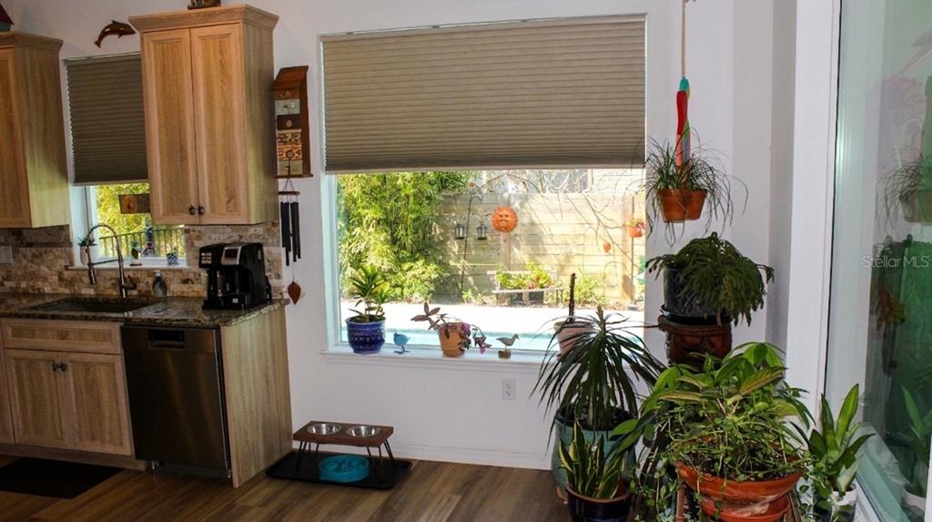 A kitchen features wood cabinets, a large window overlooking a pool, and several potted plants — 4 ULMACEA PLACE, PALM COAST, FL