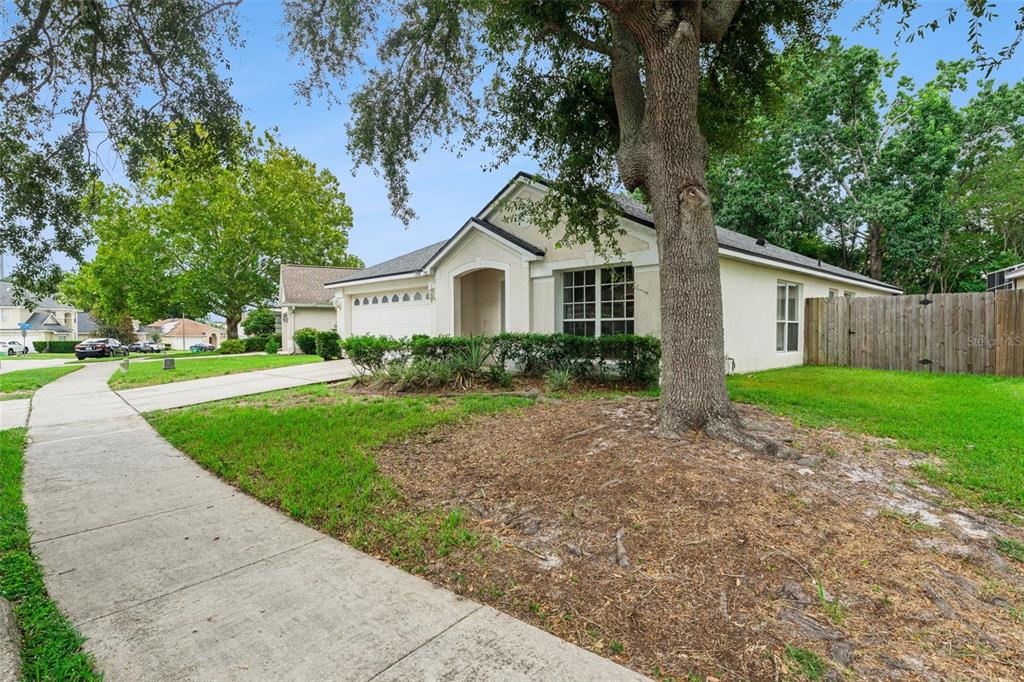 A single-story house with a beige stucco exterior, a two-car garage, and a large tree — 266 HANGING MOSS CIRCLE, LAKE MARY, FL