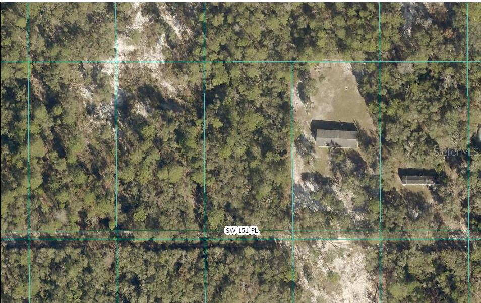 This aerial view shows a house and a smaller structure surrounded by dense forest — TBD SW 151ST PLACE, DUNNELLON, FL