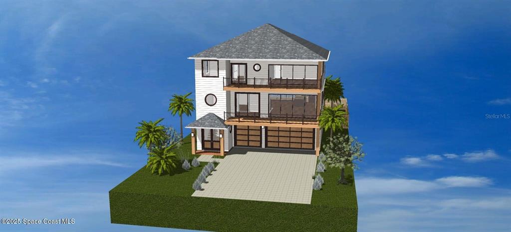 This is a digital rendering of a three-story house with balconies and a garage — 118 N ATLANTIC AVENUE, COCOA BEACH, FL