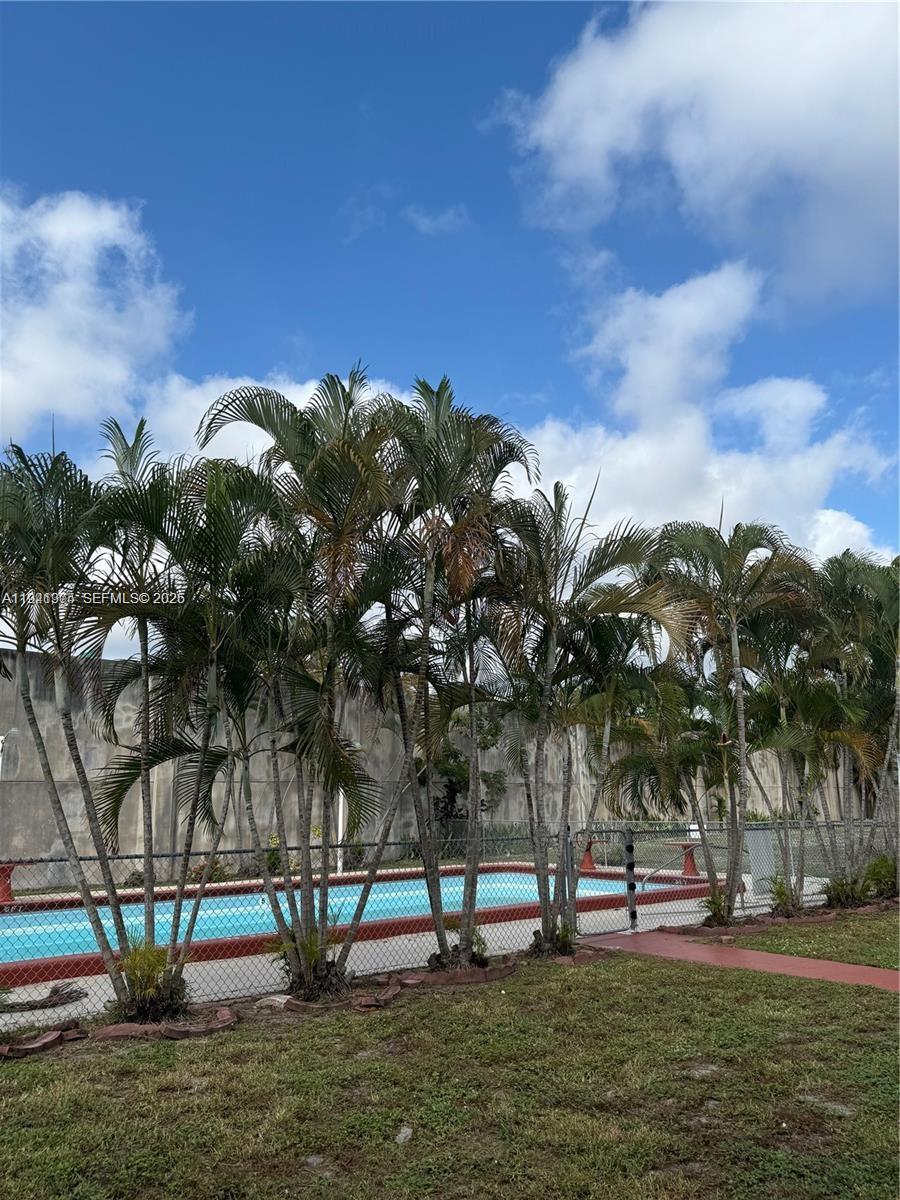 A swimming pool is enclosed by a chain-link fence and surrounded by several palm trees — 2915 Plunkett St # 12A, Hollywood FL 33020, HOLLYWOOD, FL
