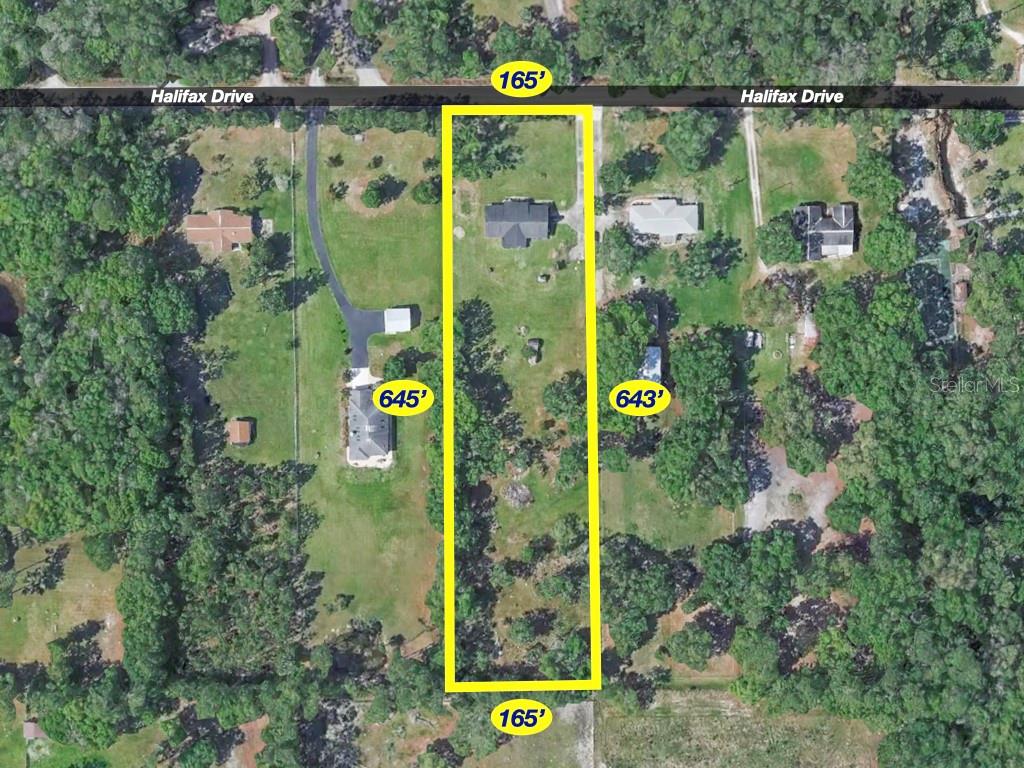 An aerial map shows a rectangular residential lot with dimensions labeled on all four sides — 2041 HALIFAX DRIVE, PORT ORANGE, FL