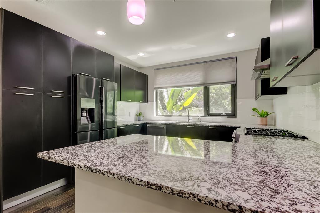 A kitchen features dark cabinetry, speckled granite countertops, stainless steel appliances, and a large window — 2511 N GRADY AVENUE UNIT 78, TAMPA, FL