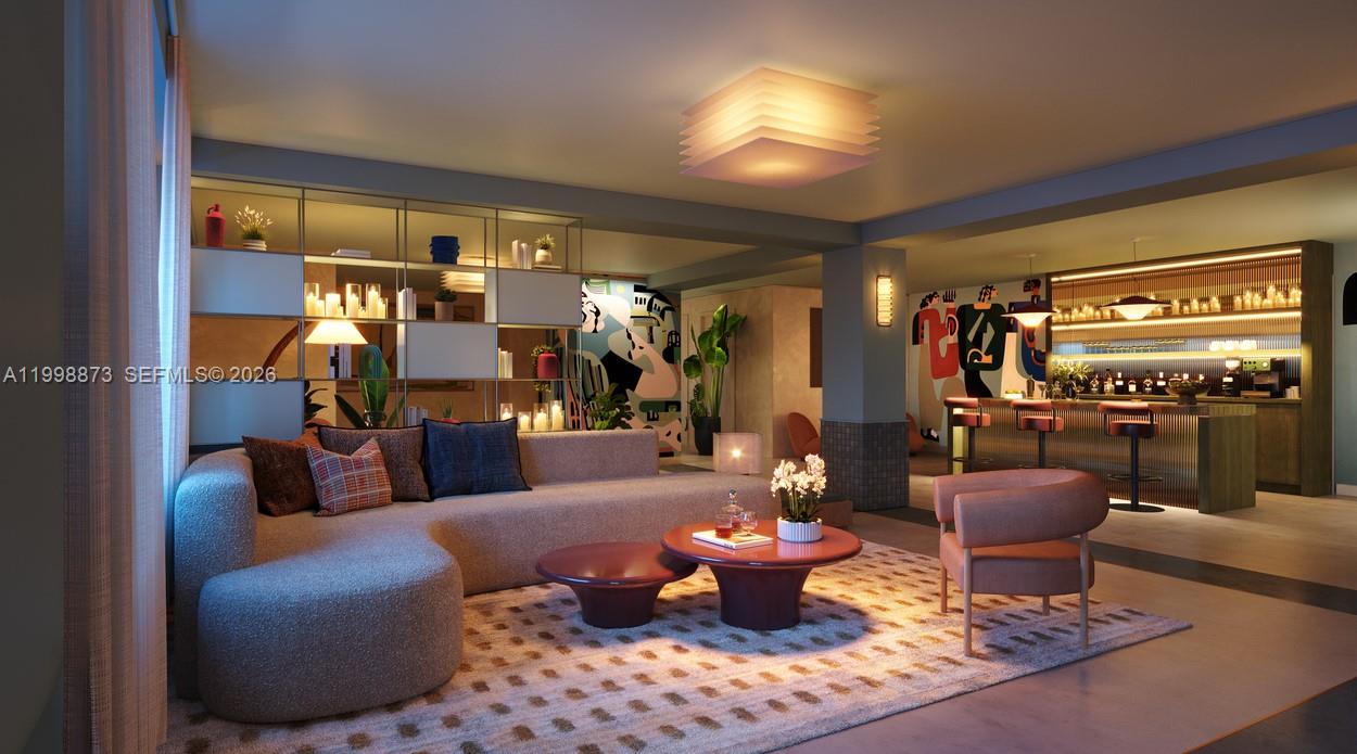 This is a rendering of a modern living room featuring a sectional sofa and bar — 335 NW 28th St # 701, Miami FL 33127, MIAMI, FL