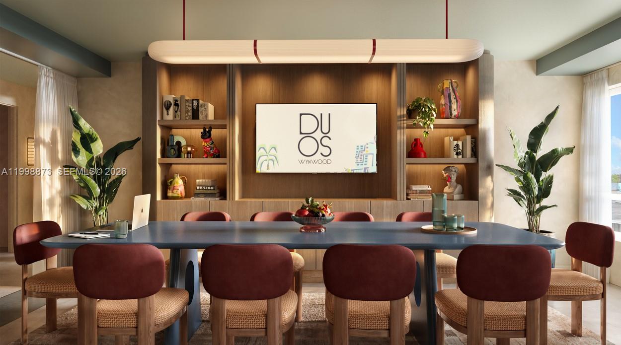 This rendering shows a dining room with a blue table, red chairs, and wood shelving — 335 NW 28th St # 701, Miami FL 33127, MIAMI, FL