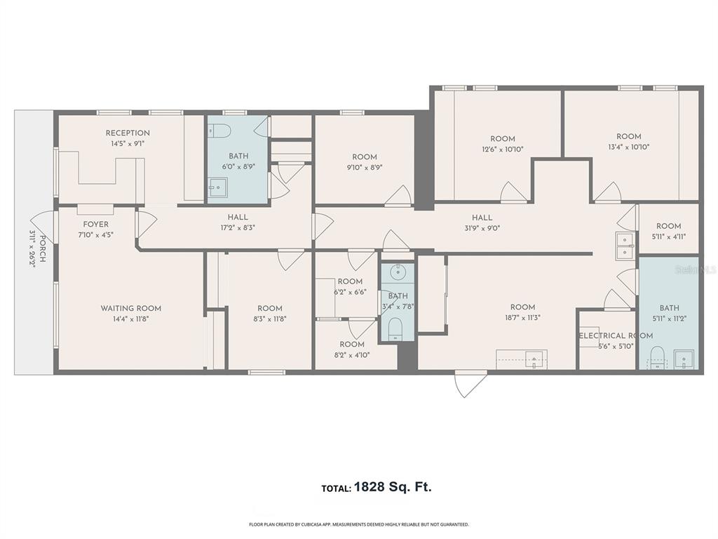 This is a floor plan for a commercial space with multiple rooms, bathrooms, and halls — 2001 MANATEE AVENUE E UNIT 104, BRADENTON, FL