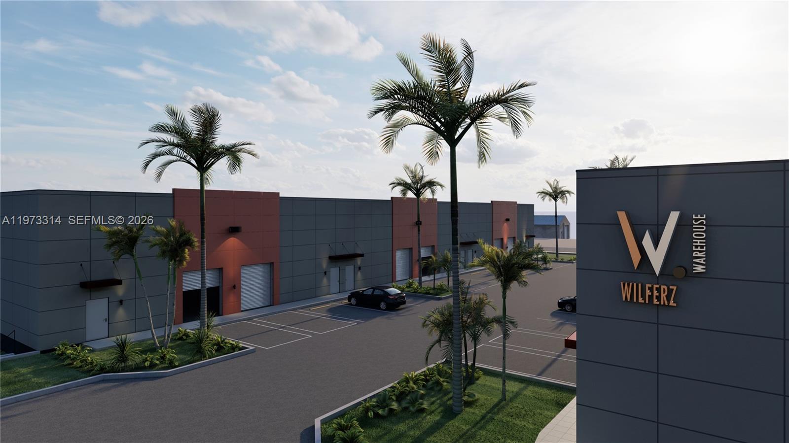 This is a digital rendering of a modern industrial warehouse complex with palm trees — 2392 SW 57th Ave, West Park FL 33023, WEST PARK, FL