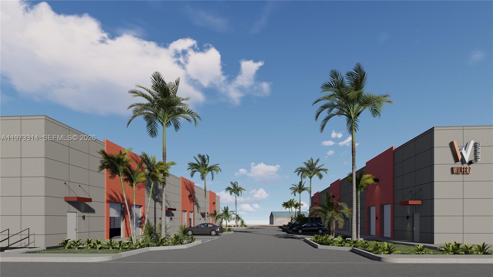 This is a digital rendering of a modern industrial warehouse complex with palm trees — 2392 SW 57th Ave, West Park FL 33023, WEST PARK, FL