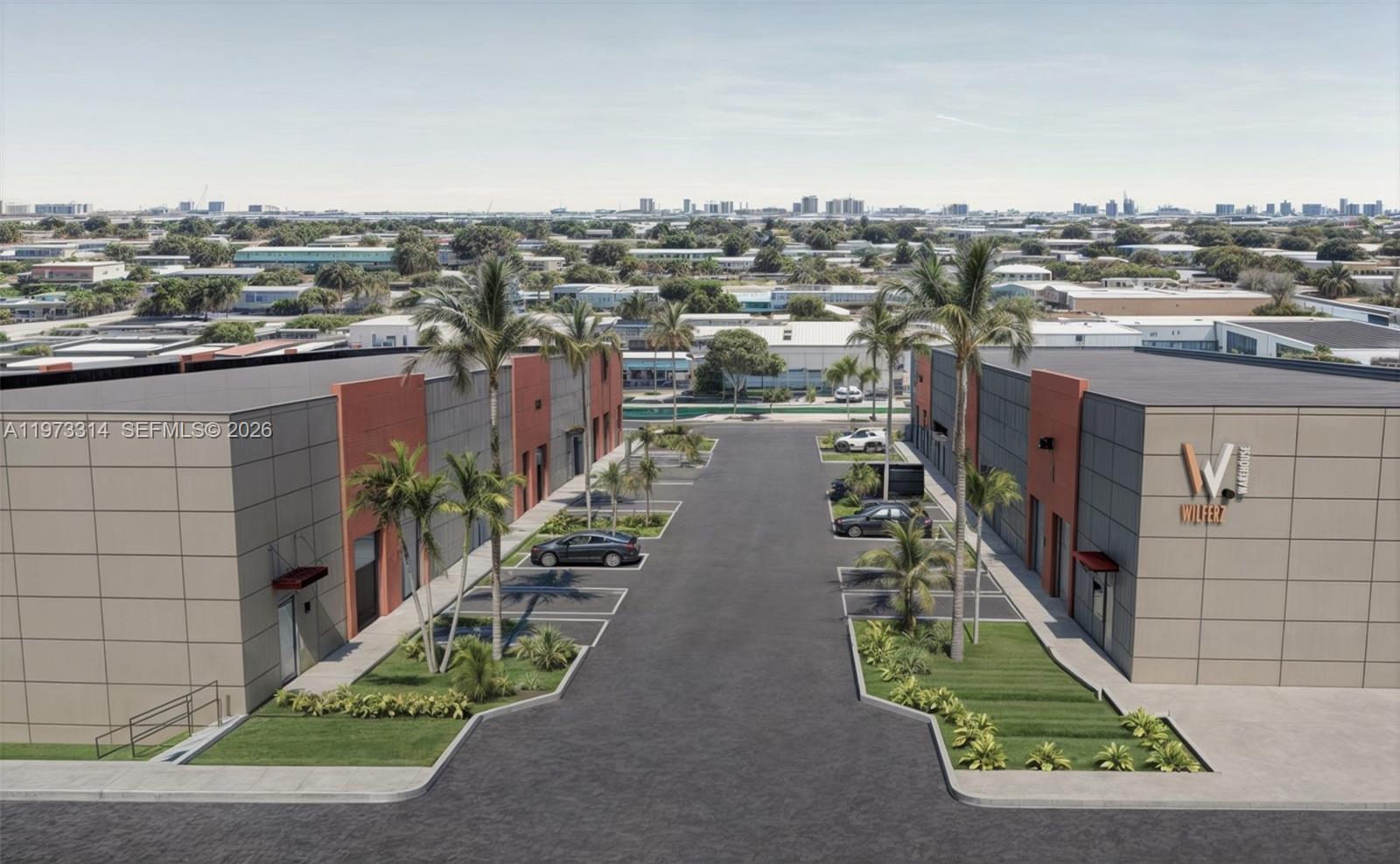 This is a rendering of a modern industrial warehouse complex with parking and palm trees — 2392 SW 57th Ave, West Park FL 33023, WEST PARK, FL