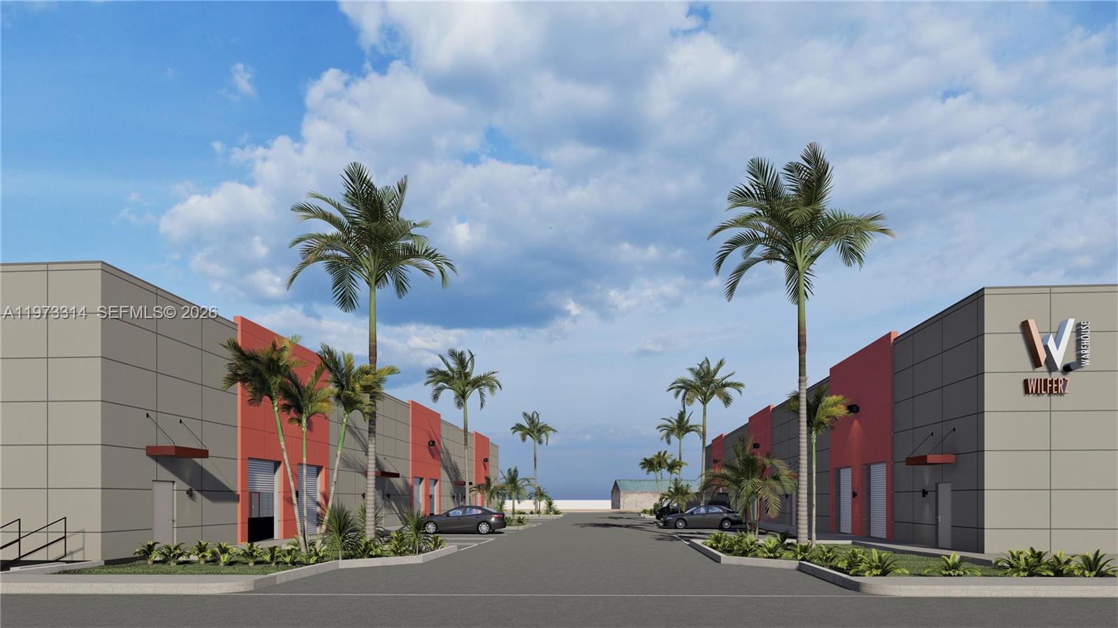 This is a digital rendering of a modern industrial warehouse complex with palm trees — 2392 SW 57th Ave, West Park FL 33023, WEST PARK, FL