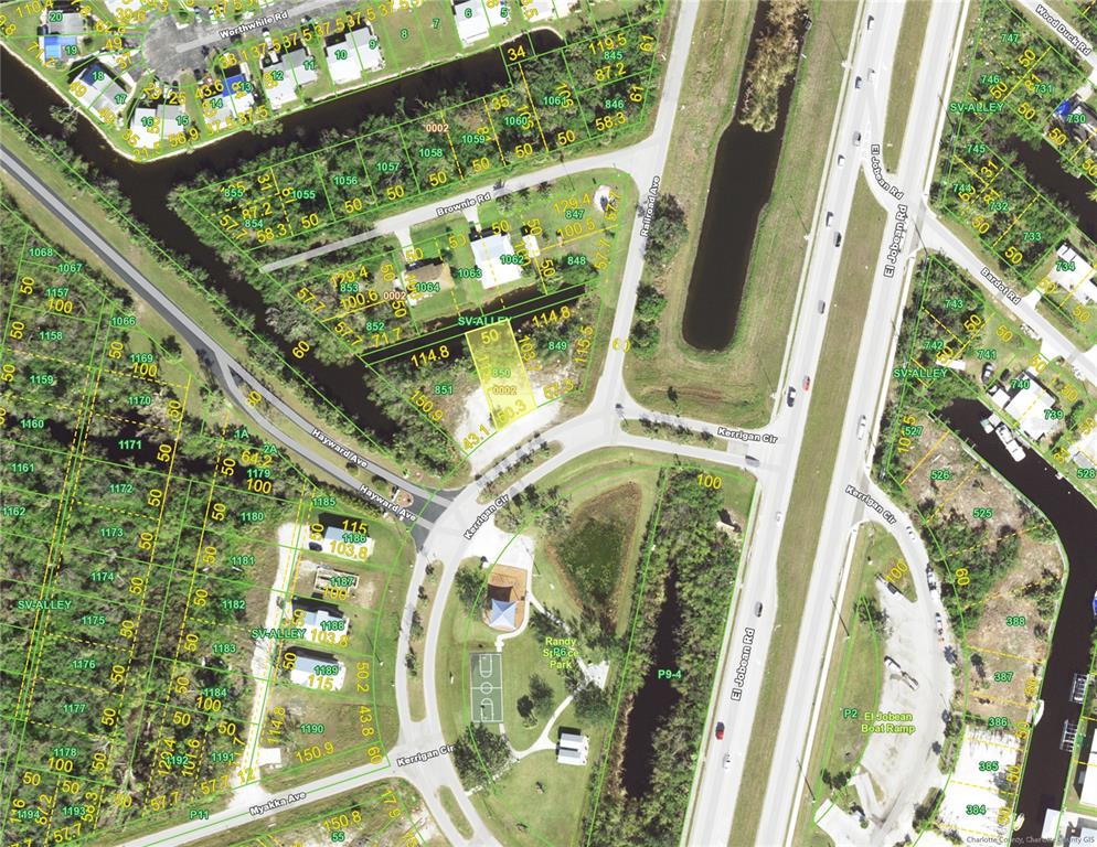 This is an aerial map showing residential lots, streets, and a park in a neighborhood — 4362 KERRIGAN CIRCLE, PORT CHARLOTTE, FL