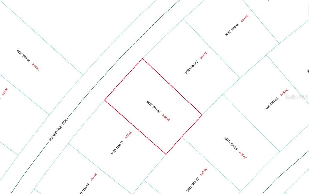 This is a property map showing parcel boundaries and lot sizes for a residential area — TBD SE FISHER RUN TERRACE LOT 16, OCALA, FL