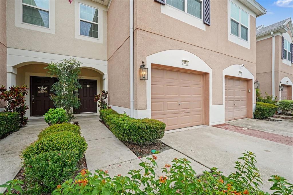 The exterior of a two-story townhouse featuring two garage doors and a shared front walkway — 26533 CASTLEVIEW WAY, WESLEY CHAPEL, FL