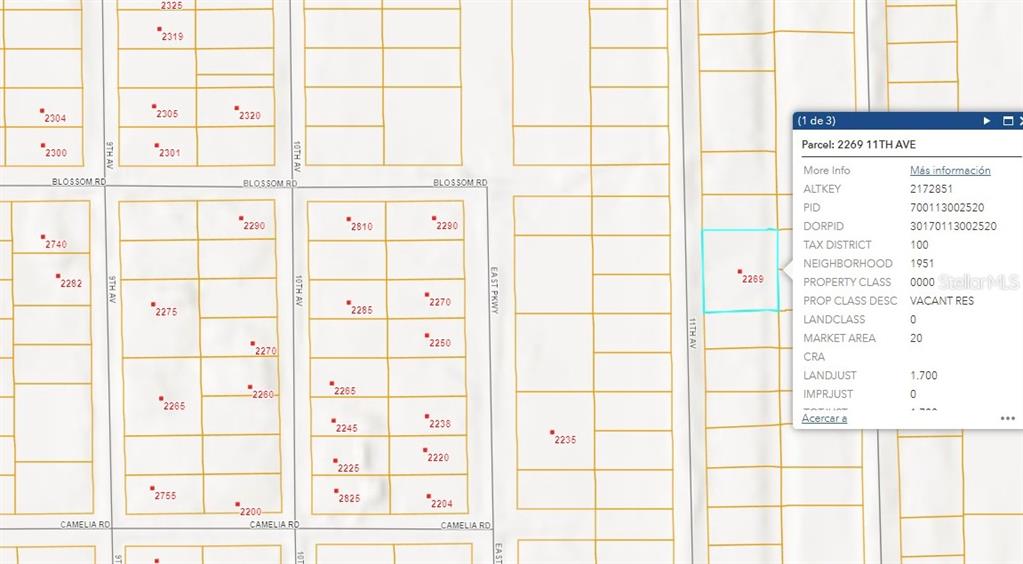 This image is a digital map showing property parcel lines and addresses — 2269 11TH AVENUE, DELAND, FL