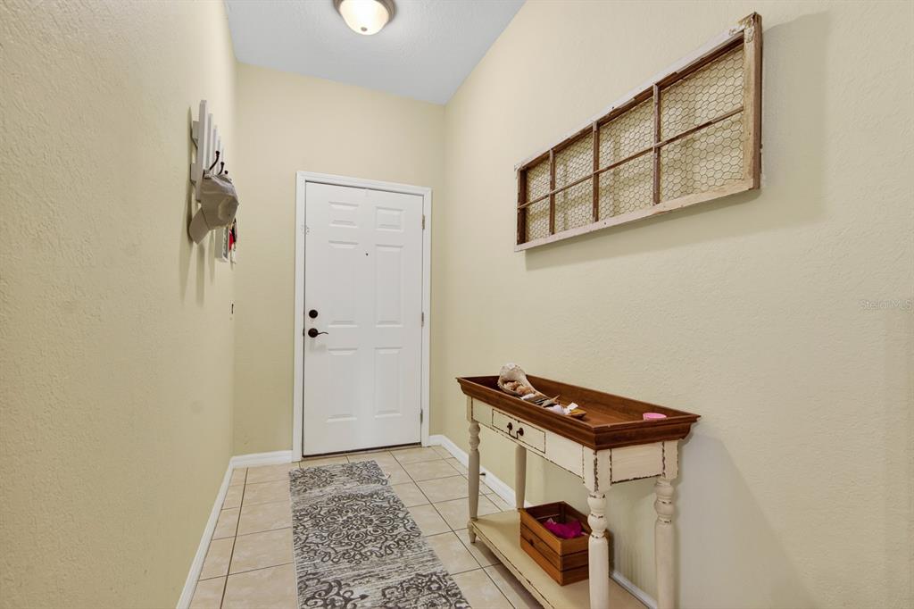 An entryway features a white door, tile flooring, a console table, and wall decor — 10951 WINTER CREST DRIVE, RIVERVIEW, FL