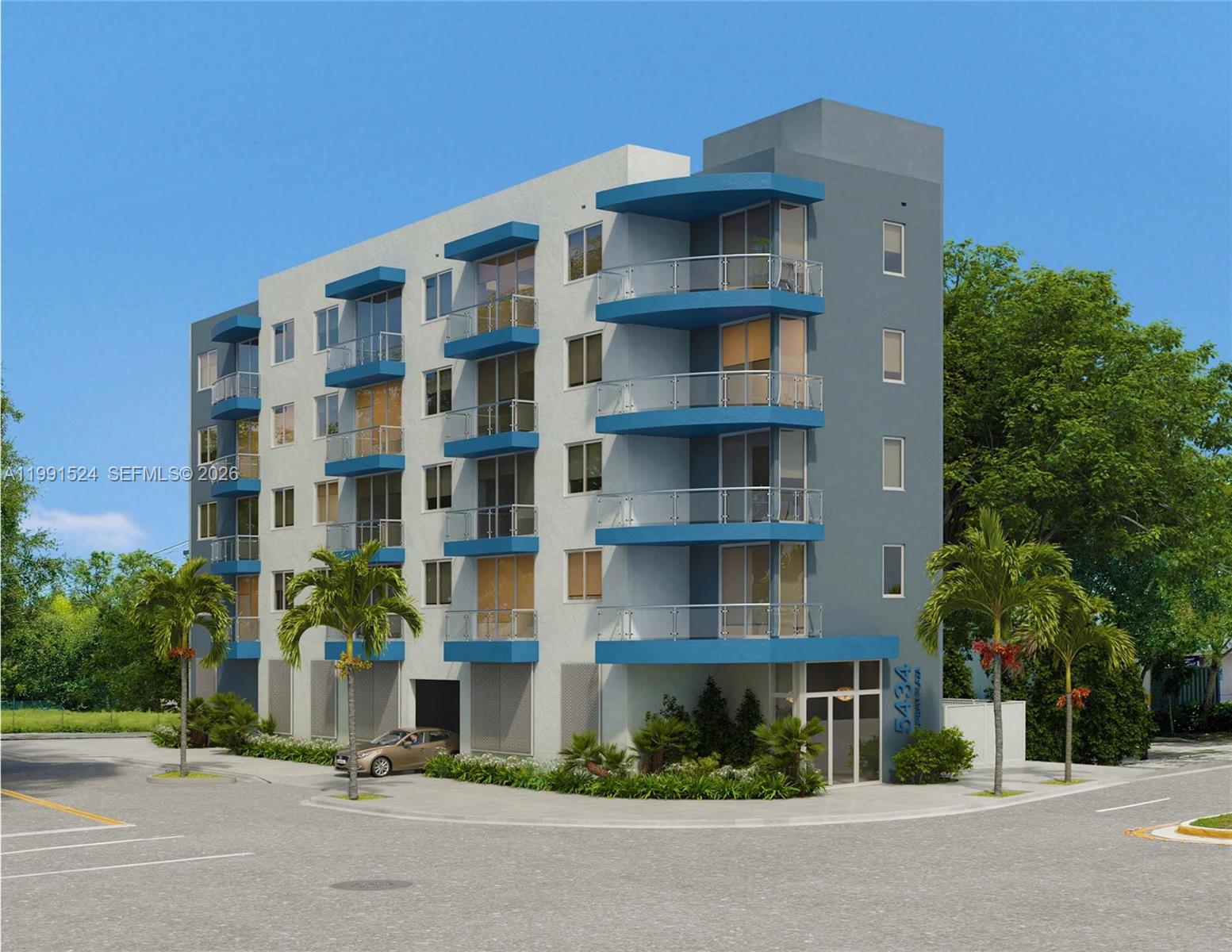 A digital rendering of a modern multi-story apartment building with blue balconies and glass railings — 5434 NE Miami Ct, Miami FL 33137, MIAMI, FL