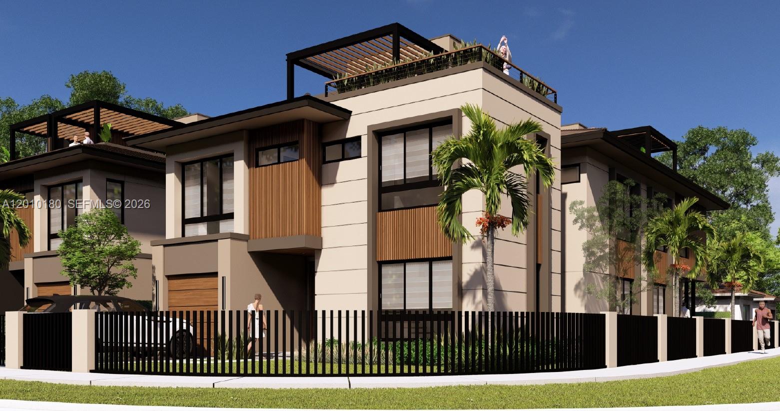 This is a digital rendering of a modern multi-story townhouse with a rooftop terrace — 1601 SW 20th St # 2, Miami FL 33135, MIAMI, FL
