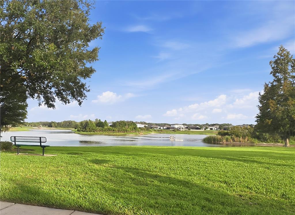 A grassy park area with a bench overlooks a lake and distant residential houses — 13471 NEWPORT SHORES DRIVE, HUDSON, FL