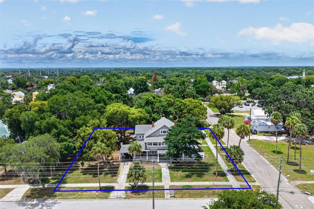 An aerial view shows a two-story house surrounded by trees and a blue property boundary — 527 E LEMON AVENUE, EUSTIS, FL