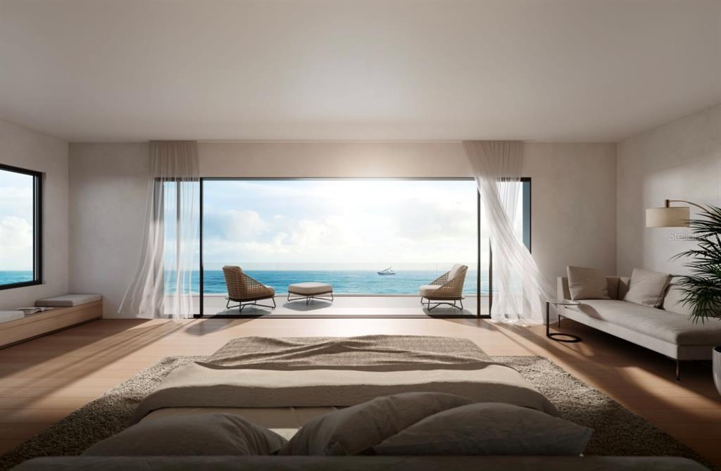 This is a rendering of a modern bedroom with floor-to-ceiling windows overlooking the ocean — 6645 N OCEAN SHORE BOULEVARD UNIT 5B, PALM COAST, FL