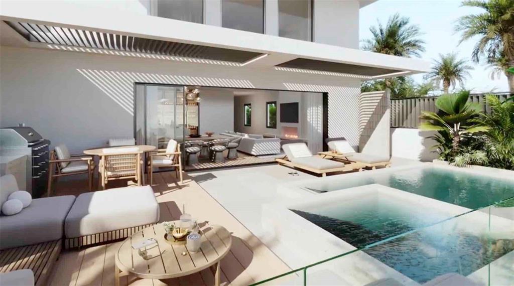 This rendering shows a modern patio with a swimming pool, lounge chairs, and outdoor dining — 6645 N OCEAN SHORE BOULEVARD UNIT 5B, PALM COAST, FL