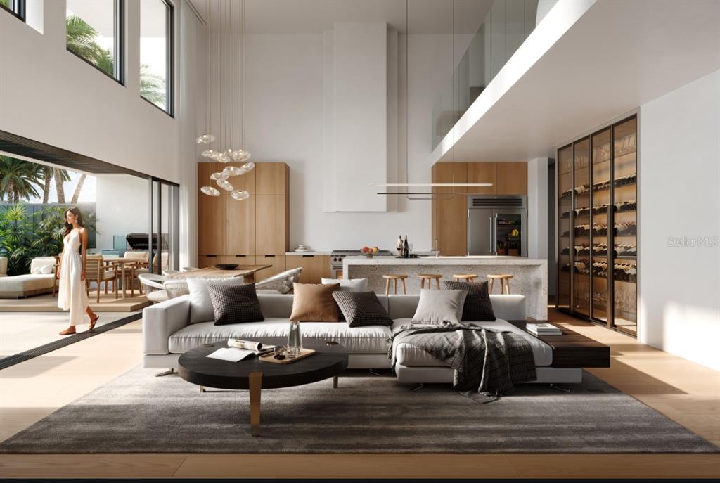 This rendering shows a modern open-concept living room and kitchen with high ceilings and glass walls — 6645 N OCEAN SHORE BOULEVARD UNIT 5B, PALM COAST, FL