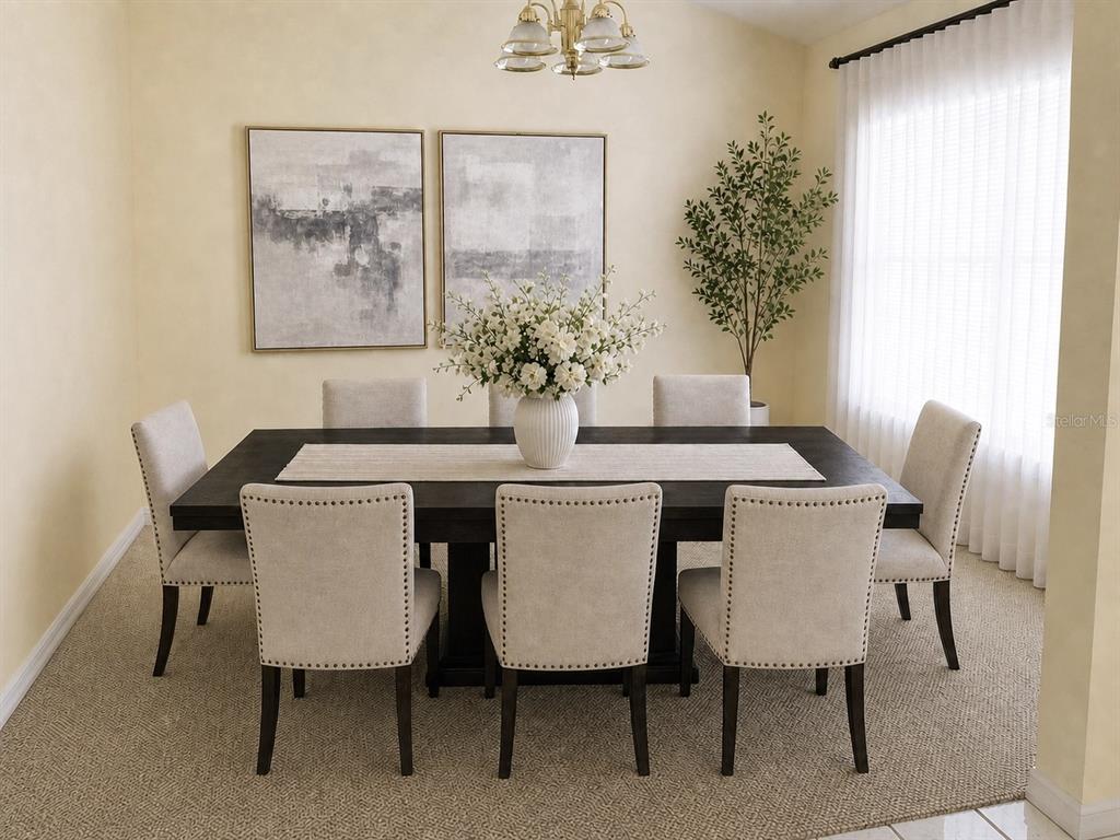 This dining room features a dark wood table, upholstered chairs, and two abstract wall paintings — 5402 SW 85TH STREET, OCALA, FL