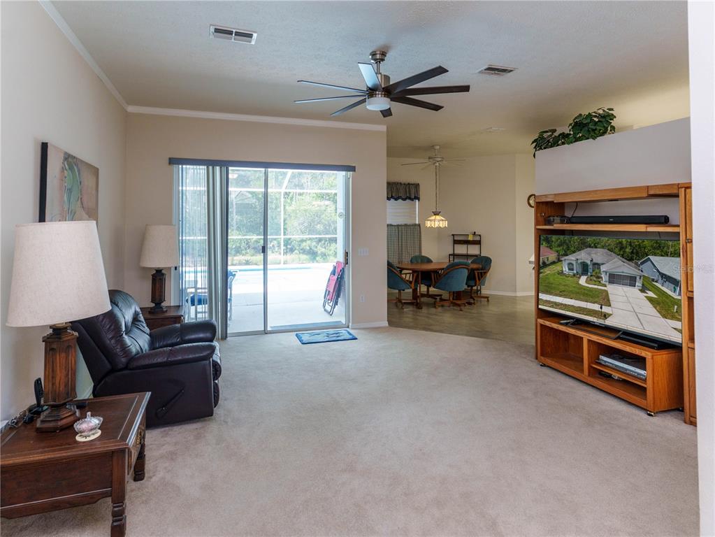 A living room features a leather recliner, a wooden entertainment center, and sliding glass doors — 12202 ROSELAND DRIVE, NEW PORT RICHEY, FL