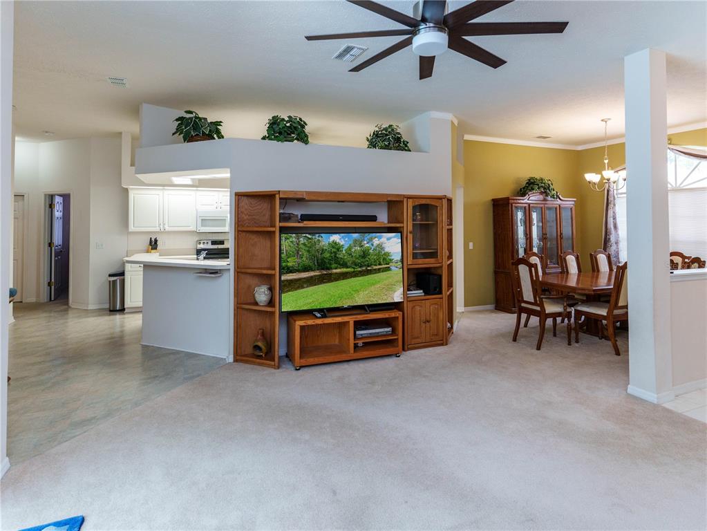 A living room features a large wooden entertainment center, beige carpeting, and an adjacent dining area — 12202 ROSELAND DRIVE, NEW PORT RICHEY, FL