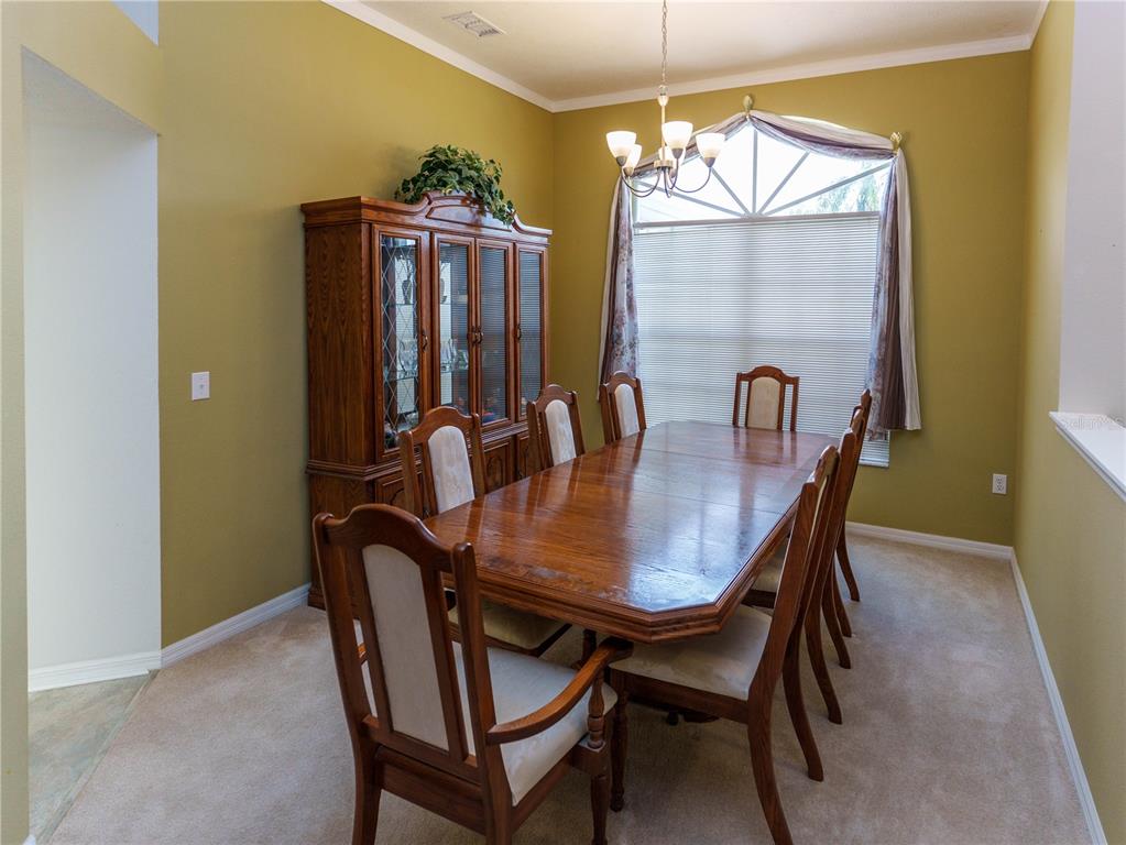 A dining room features a wooden table, matching chairs, a china cabinet, and carpeted flooring — 12202 ROSELAND DRIVE, NEW PORT RICHEY, FL