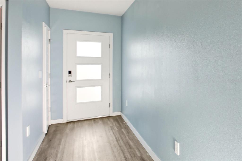 An entryway features light blue walls, gray wood-look flooring, and a white three-panel door — 3659 HATCHERY WAY, BRADENTON, FL