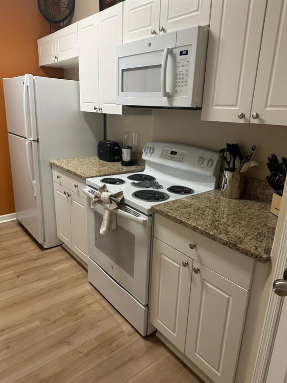 A kitchen features white cabinets, granite countertops, white appliances, and light wood-look flooring — 8107 COCONUT PALM WAY UNIT 201, KISSIMMEE, FL