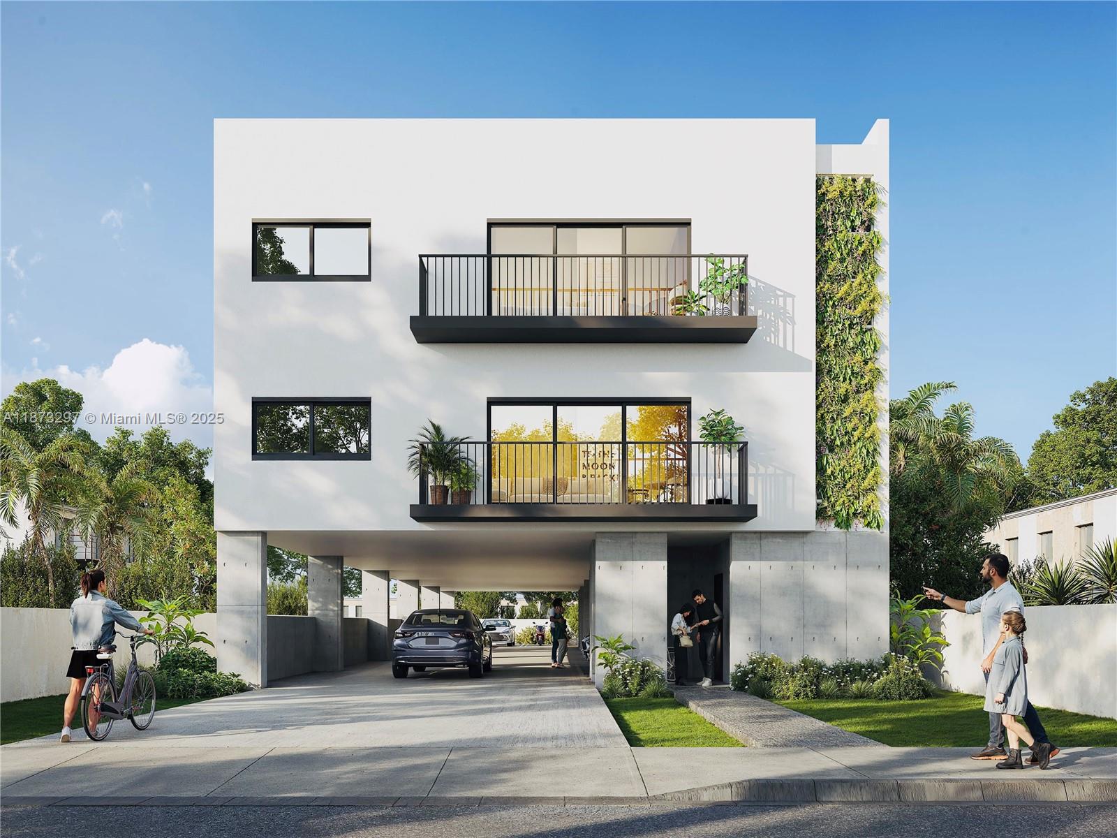 This is a rendering of a modern three-story building with a ground-level parking area — 1941 NW 19th Ave, Miami FL 33125, MIAMI, FL