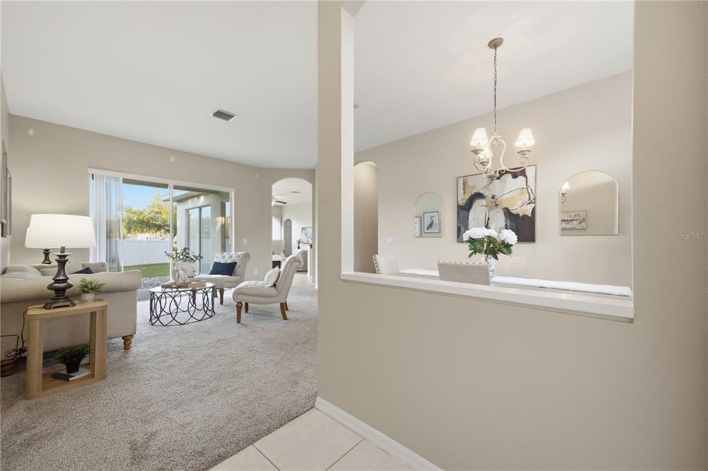 A living room with carpeted floors and a dining area visible through a wall opening — 7006 ORVICTI COURT, WESLEY CHAPEL, FL