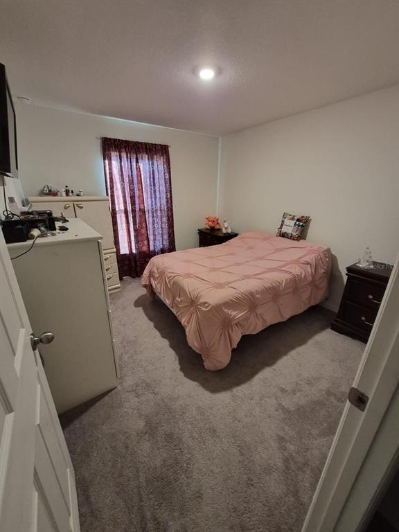 A bedroom features a pink bedspread, gray carpeting, a white dresser, and a dark nightstand — 17103 SW 22ND TERRACE ROAD, OCALA, FL
