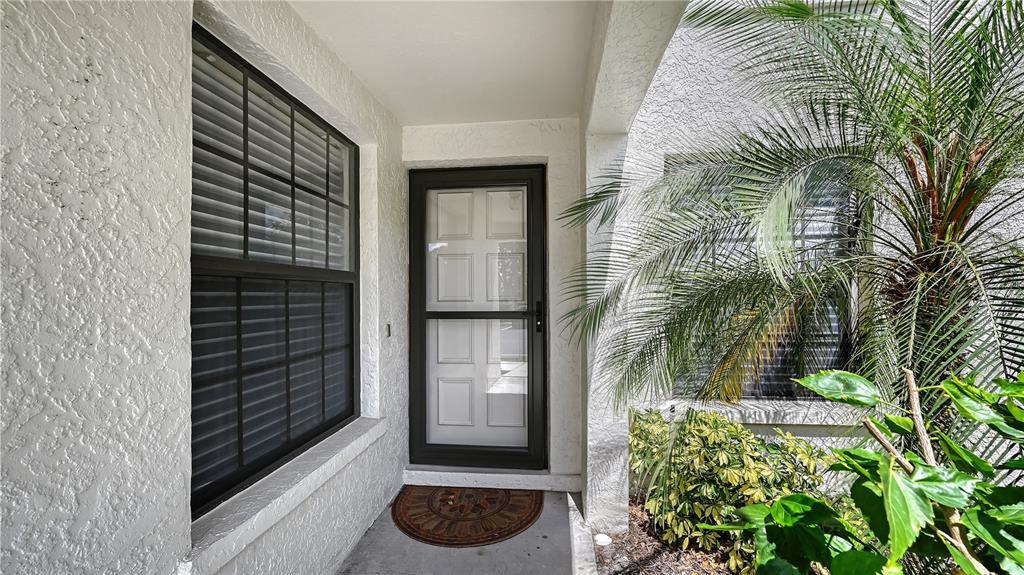 A front entryway features a dark-framed storm door, a window with blinds, and a palm tree — 4729 WINSLOW BEACON UNIT 11, SARASOTA, FL