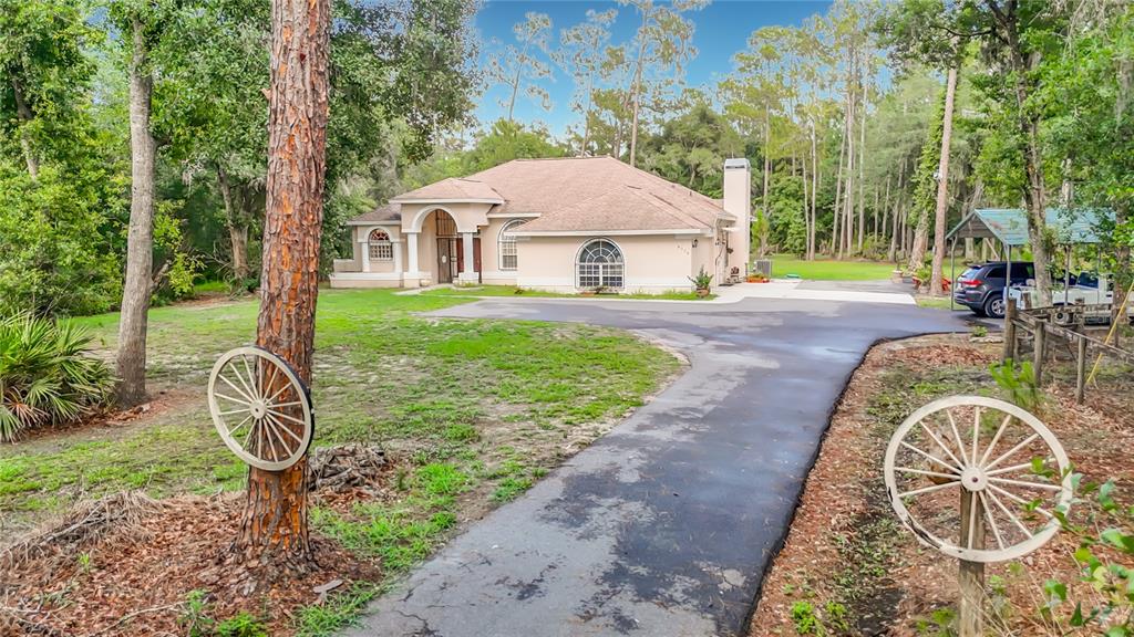 A screened-in swimming pool with a patio umbrella overlooks a grassy yard and dense trees — 8338 HANDCART ROAD, WESLEY CHAPEL, FL
