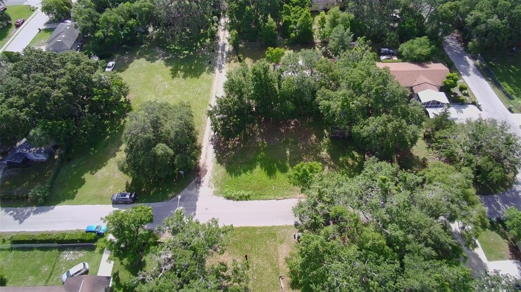 An aerial view shows a vacant, tree-lined residential lot situated between two paved roads — GASKINS STREET, LEESBURG, FL