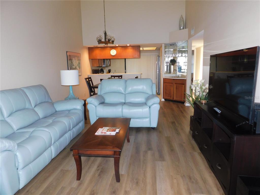 A living room features light blue leather sofas, a wood coffee table, and wood-look flooring — 250 WOODLAKE WYNDE UNIT 250, OLDSMAR, FL