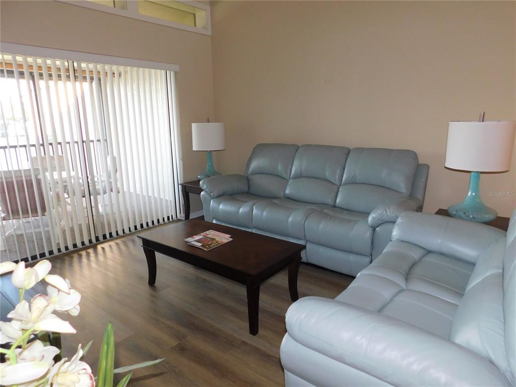A living room features light blue leather sofas, a dark wood coffee table, and vertical blinds — 250 WOODLAKE WYNDE UNIT 250, OLDSMAR, FL