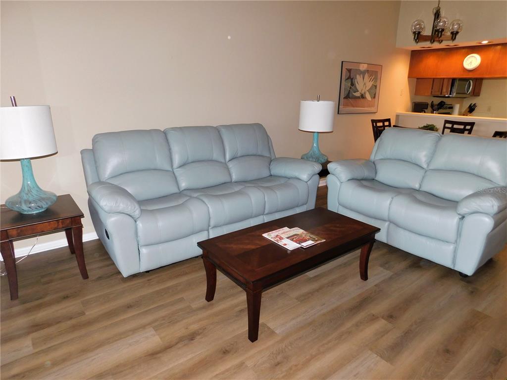 A living room features light blue leather sofas, a dark wood coffee table, and wood-look flooring — 250 WOODLAKE WYNDE UNIT 250, OLDSMAR, FL