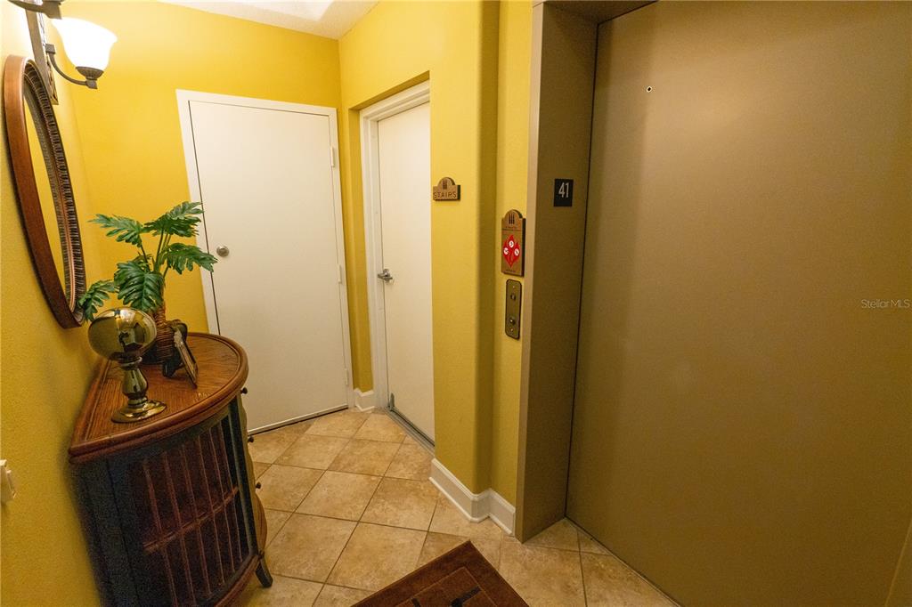 A hallway features tile flooring, a wooden cabinet, a mirror, and an elevator door — 7500 TOSCANA BOULEVARD UNIT 341, ORLANDO, FL