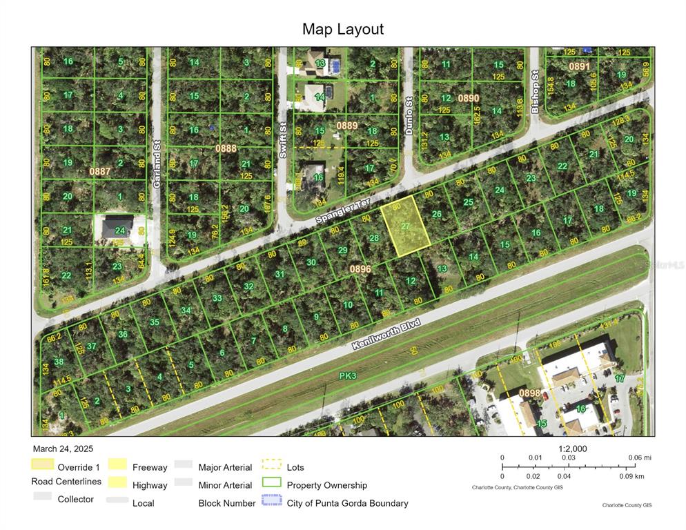 This is a map showing property lot lines, block numbers, and street names — 20261 SPANGLER TERRACE, PORT CHARLOTTE, FL