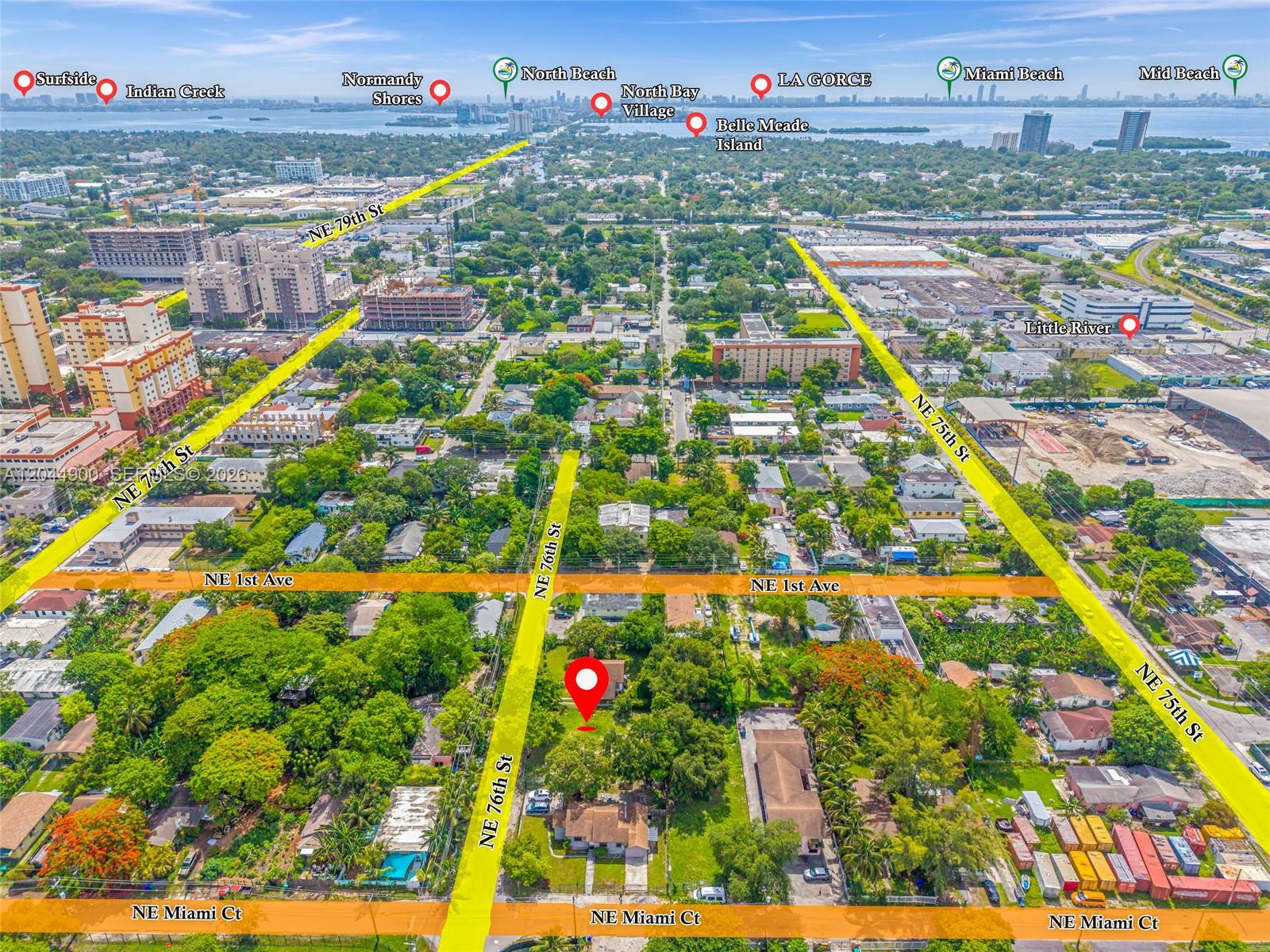 This is an aerial map view highlighting a property location within a residential neighborhood — 60 NE 76th St, Miami FL 33138, MIAMI, FL