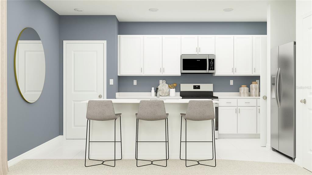 This rendering shows a modern kitchen with white cabinets, stainless steel appliances, and a breakfast bar — 10623 SAGE CANYON DRIVE, RIVERVIEW, FL