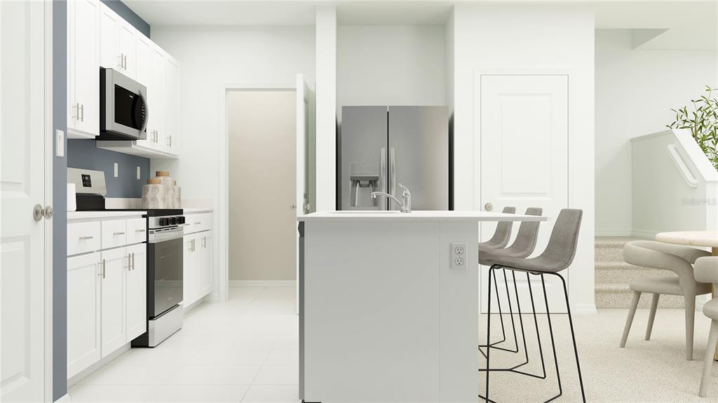 This rendering shows a modern kitchen with white cabinets, stainless steel appliances, and a center island — 10623 SAGE CANYON DRIVE, RIVERVIEW, FL