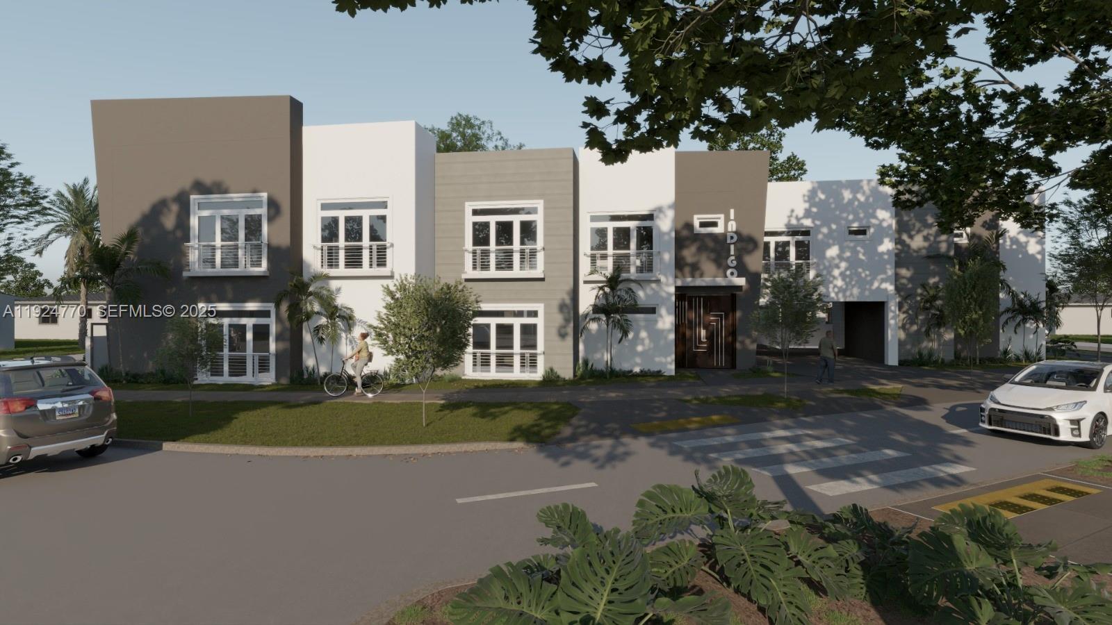 This is a digital architectural rendering of a modern two-story townhouse complex with exterior balconies — 17611 SW 102 Ave, Perrine FL 33157, PERRINE, FL